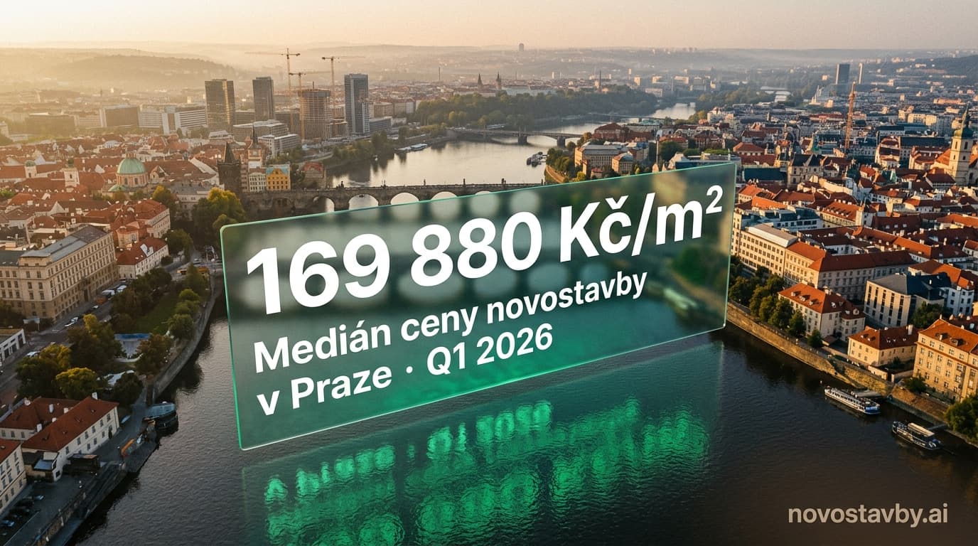 Letecký pohled na Prahu s holografickým cenovým indexem novostaveb Q1 2026