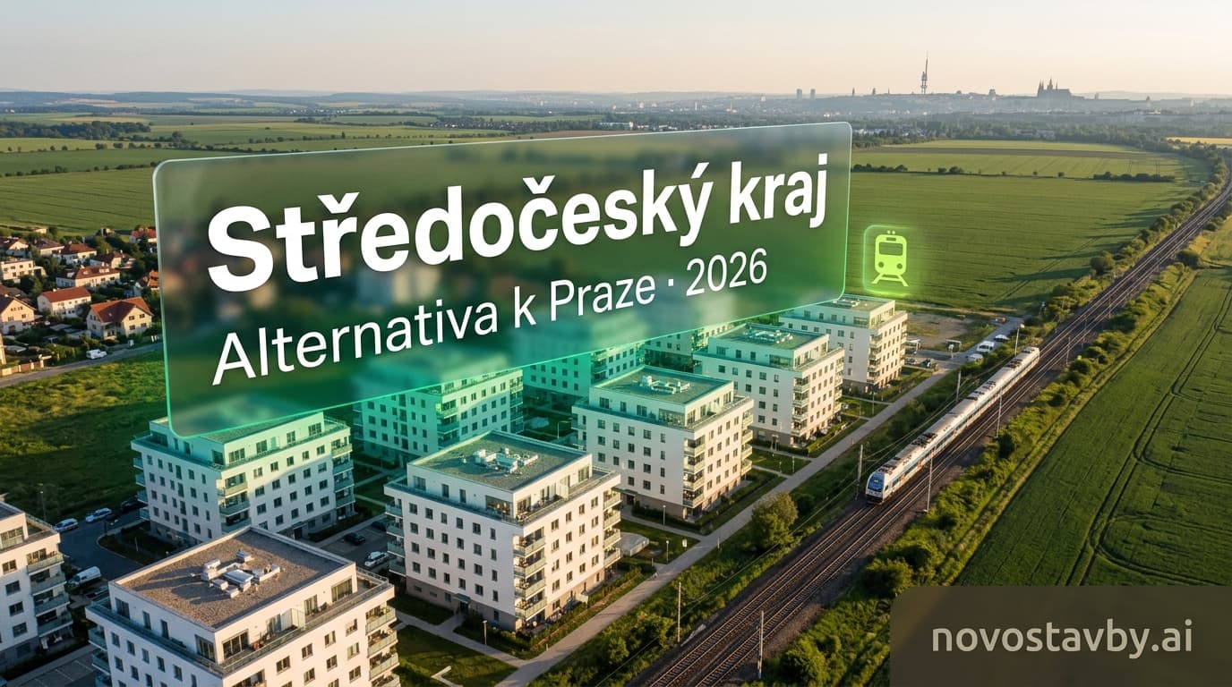 Panorama Středočeského kraje s novostavbami na předměstí a siluetou Prahy na obzoru